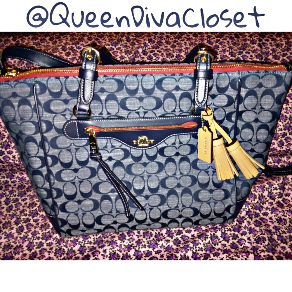 New Coach kleo carryall denim signature chambray tote bag purse - Picture 5 of 12